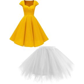 Hanpceirs Women's Cap Sleeve Vintage Dress Gold 2X + 1950s Tutu Skirt Halloween Cosplay Christmas Party White 2X/3X