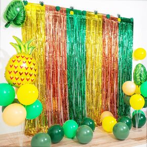 Hawaiian Aloha Luau Party Decoration, 2 Pack Green Brown Gold 3.3 x 6.6ft Foil Fringe Curtains Tinsel Photo Booth Props Streamers Backdrop for Hawaiian Tropical Summer Luau Beach Party Decorations