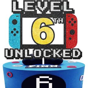 Level 6th Unlocked Cake Topper - Level 6th game Sign Theme Party Decorations 6th happy Birthday Level Up Cake Decorations for Video Game Themed Kids Boy Girl Party Supplies