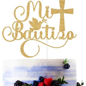 Gold Glitter Mi Bautizo Cake Topper, Mi Confirmacion/First Holy Communion, Baby's 1st Birthday Spanish Baptism Christening Party Decorations Supplies