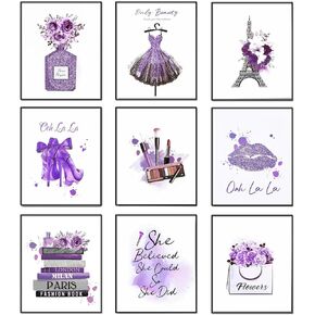 9 Pieces Purple Flower Perfume Fashion Paris Wall Art Prints Wall Pictures Art Posters Wall Decor for Girls Bedroom Makeup Art Women Room 8"x 10" UNFRAMED