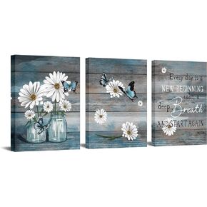 RyounoArt 3 Piece Daisy Wall Art Butterfly Inspirational Picture on Canvas for Kitchen Office Wall Decor Rustic Country Paintings Framed 12"x16" for Each