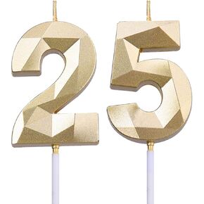 2 inch Gold 25 & 52 Birthday Candles, 3D Diamond Number 25th & 52nd Cake Topper for Men Women Birthday Party Decorations Theme Party