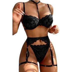 Lingerie Sets Choker Floral Lace Underwire Push Up Garter Belt Lingerie Set for Women Sheer Bra and Panty 3 PieceS