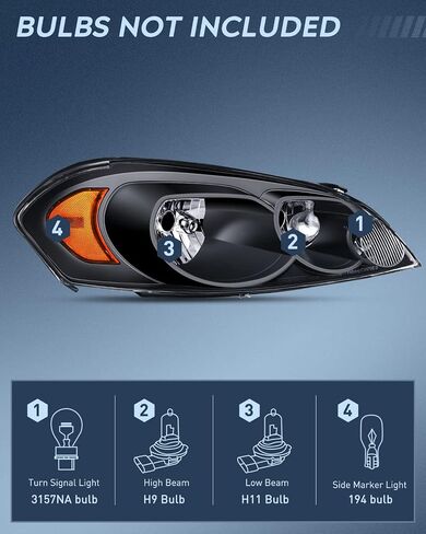 Nilight Headlight Assembly for 2006 2007 2008 2009 2010 2011 2012 2013 Impala 2014 2015 2016 Impala Limited 2006 2007 Monte Carlo Replacement Black Housing Amber Reflector, 2 Years Warranty in Saudi Arabia