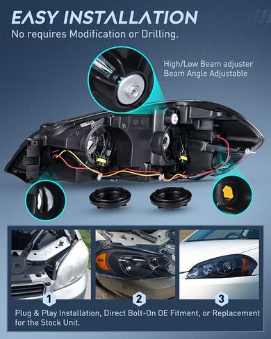 Nilight Headlight Assembly for 2006 2007 2008 2009 2010 2011 2012 2013 Impala 2014 2015 2016 Impala Limited 2006 2007 Monte Carlo Replacement Black Housing Amber Reflector, 2 Years Warranty in Saudi Arabia