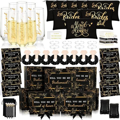 Sunnyray 98 قطعة من هدايا اقتراح وصيفة العروس، هدايا خادمة الشرف مع صندوق هدايا من الورق المجعد، هل ستكون وصيفة العروس الخاصة بي، مزامير الشمبانيا وحقائب مستحضرات التجميل، وربطات شعر، وقلم ماسي in Kuwait