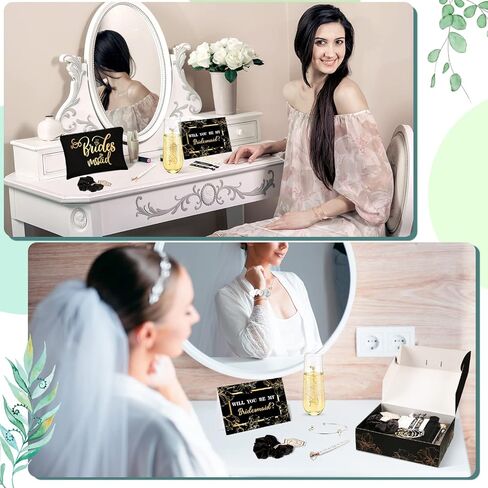 Sunnyray 98 قطعة من هدايا اقتراح وصيفة العروس، هدايا خادمة الشرف مع صندوق هدايا من الورق المجعد، هل ستكون وصيفة العروس الخاصة بي، مزامير الشمبانيا وحقائب مستحضرات التجميل، وربطات شعر، وقلم ماسي in Kuwait