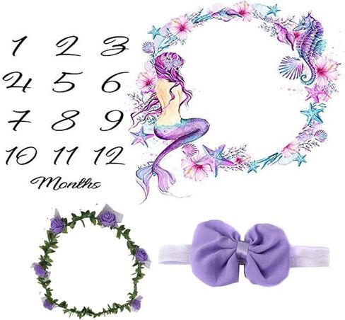 بطانية مايلستون الشهرية للأطفال حديثي الولادة، الفتيات الأرجواني، صور حورية البحر، دعائم تصوير خلفية مخصصة للتصوير الفوتوغرافي للرضع والأطفال الصغار، بطانية قماط مع عصابة رأس من الزهور in Kuwait