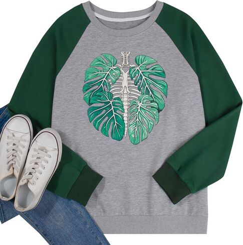 BANGELY Plant Skeleton Oversized Sweatshirt Women Funny Plant Lover Graphic Pullover Long Sleeve Shirts Casual Tops in Saudi Arabia