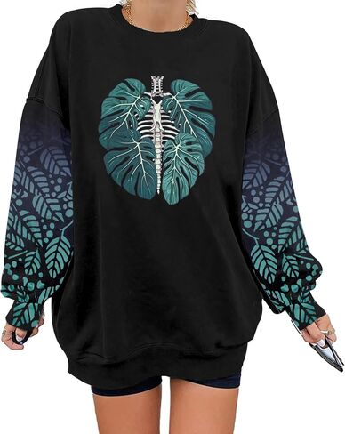 BANGELY Plant Skeleton Oversized Sweatshirt Women Funny Plant Lover Graphic Pullover Long Sleeve Shirts Casual Tops in Saudi Arabia