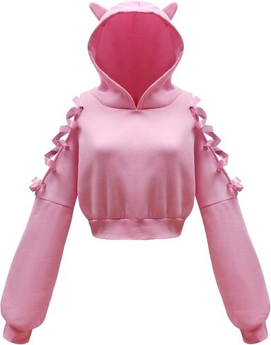 Women's Cat Ear Hoodie Long Sleeve Lace Up Pullover Cute Off Shoulder Hoodie Sweatshirt Crop Top in Saudi Arabia