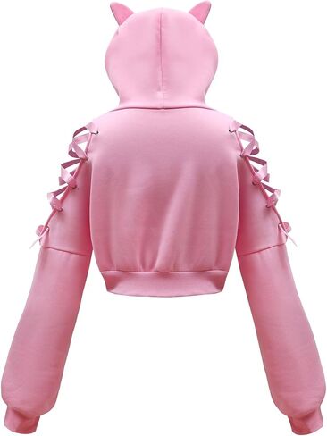 Women's Cat Ear Hoodie Long Sleeve Lace Up Pullover Cute Off Shoulder Hoodie Sweatshirt Crop Top in Saudi Arabia