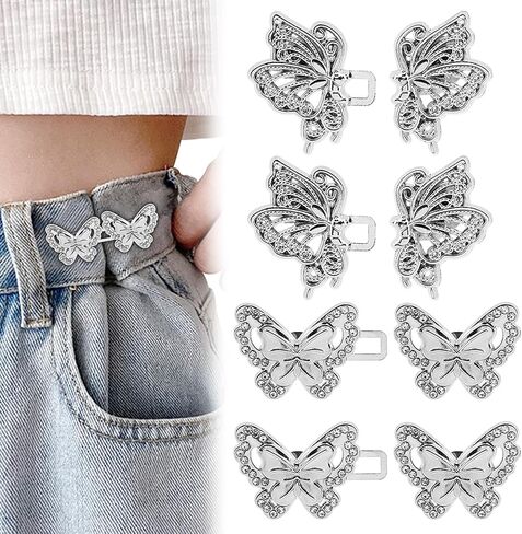 EMVANV 4pcs Pant Waist Tightener, Pant Waist Tightener, Butterfly Jeans Buttons for Loose Jeans, Adjustable & Detachable Crystal Pants Clips for Waist (Silver) in Saudi Arabia