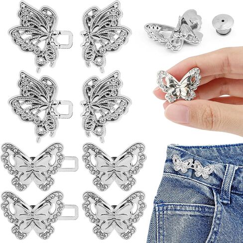 EMVANV 4pcs Pant Waist Tightener, Pant Waist Tightener, Butterfly Jeans Buttons for Loose Jeans, Adjustable & Detachable Crystal Pants Clips for Waist (Silver) in Saudi Arabia