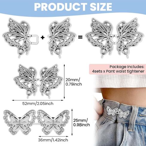 EMVANV 4pcs Pant Waist Tightener, Pant Waist Tightener, Butterfly Jeans Buttons for Loose Jeans, Adjustable & Detachable Crystal Pants Clips for Waist (Silver) in Saudi Arabia