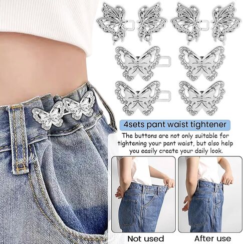 EMVANV 4pcs Pant Waist Tightener, Pant Waist Tightener, Butterfly Jeans Buttons for Loose Jeans, Adjustable & Detachable Crystal Pants Clips for Waist (Silver) in Saudi Arabia