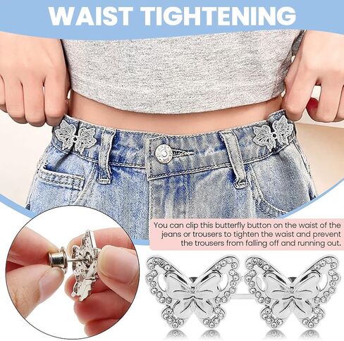 EMVANV 4pcs Pant Waist Tightener, Pant Waist Tightener, Butterfly Jeans Buttons for Loose Jeans, Adjustable & Detachable Crystal Pants Clips for Waist (Silver) in Saudi Arabia