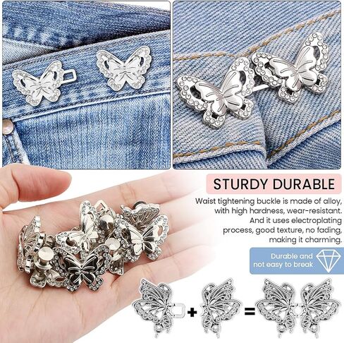 EMVANV 4pcs Pant Waist Tightener, Pant Waist Tightener, Butterfly Jeans Buttons for Loose Jeans, Adjustable & Detachable Crystal Pants Clips for Waist (Silver) in Saudi Arabia
