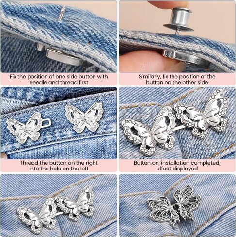 EMVANV 4pcs Pant Waist Tightener, Pant Waist Tightener, Butterfly Jeans Buttons for Loose Jeans, Adjustable & Detachable Crystal Pants Clips for Waist (Silver) in Saudi Arabia