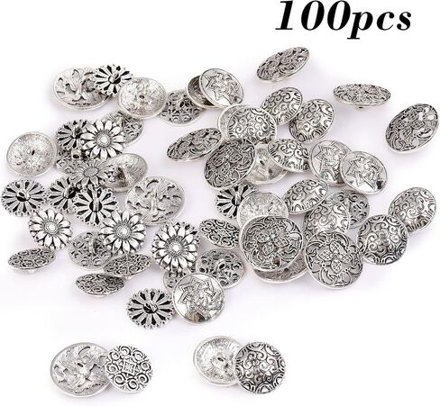 100Pcs Vintage Buttons, Random Mixed Style Metal Round Buttons, Bronze Color Flower Patterns Engraved, for DIY Crafts Sewing Decorations in Saudi Arabia