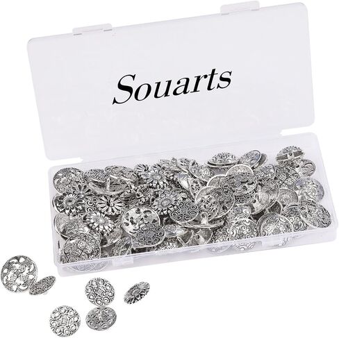 100Pcs Vintage Buttons, Random Mixed Style Metal Round Buttons, Bronze Color Flower Patterns Engraved, for DIY Crafts Sewing Decorations in Saudi Arabia