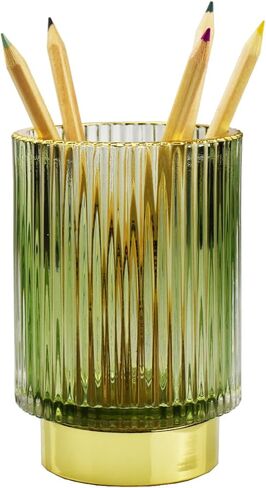 وعاء قلم زجاجي سميك لطيف حامل قلم رصاص مزخرف كوب لحامل فرشاة ماكياج المكتب للمكتب المنزلي (ذهبي) in Kuwait