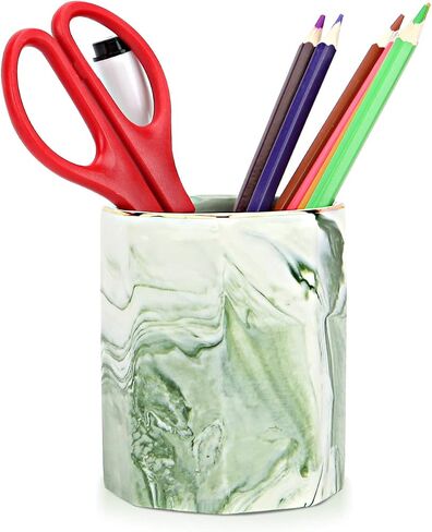 Pen Holder, Decorative Ceramic Pencil Cup and Makeup Brush Stationery Accessories Desktop Organizer for Home School Office, Cute Marble Pattern Durable Large Capacity (Green) in Saudi Arabia