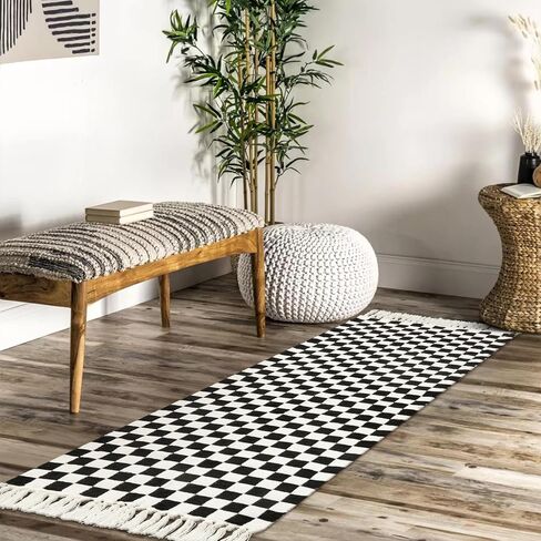 بوهو المدخل عداء البساط 2'x 6'، سجاد المطبخ عكسها قابل للغسل مع شرابات، أبيض وأسود متقلب المنسوجة يدويا غرفة الغسيل البساط، القطن رمي السجاد في الأماكن المغلقة لغرفة النوم مدخل الشرفة in Kuwait