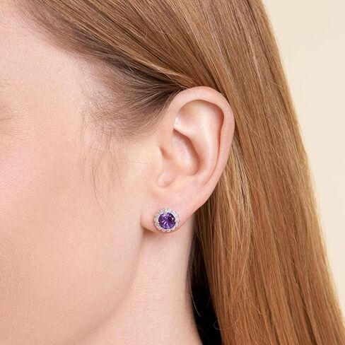 MORGAN & PAIGE Rhodium-Plated Sterling Silver Genuine or Lab-Created Gemstones Halo Stud Earrings for Women - Hypoallergenic and Nickel-Free, Choice of Birthstone Jewelry with Elegant Gift Box in Saudi Arabia