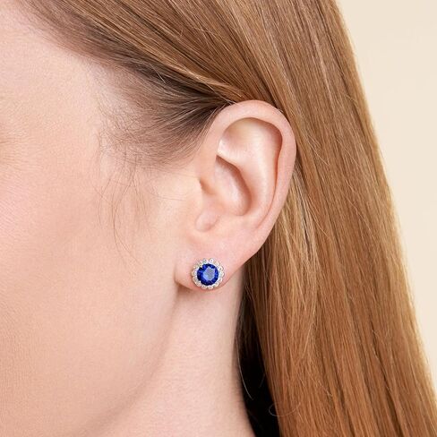MORGAN & PAIGE Rhodium-Plated Sterling Silver Genuine or Lab-Created Gemstones Halo Stud Earrings for Women - Hypoallergenic and Nickel-Free, Choice of Birthstone Jewelry with Elegant Gift Box in Saudi Arabia