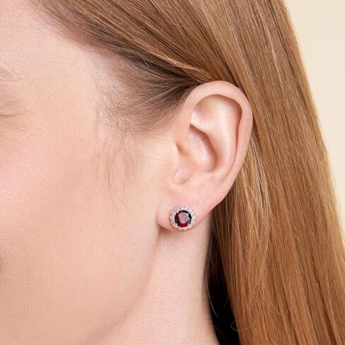 MORGAN & PAIGE Rhodium-Plated Sterling Silver Genuine or Lab-Created Gemstones Halo Stud Earrings for Women - Hypoallergenic and Nickel-Free, Choice of Birthstone Jewelry with Elegant Gift Box in Saudi Arabia