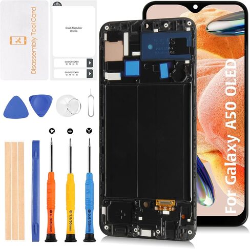 شاشة A50 A505 OLED LCD + إطار لهاتف Samsung Galaxy A50 2019 A505F A505W A505U1 A505G/DS 6.4 بوصة شاشة LCD بديلة لمجموعة رقمنة اللمس (أسود) in Kuwait