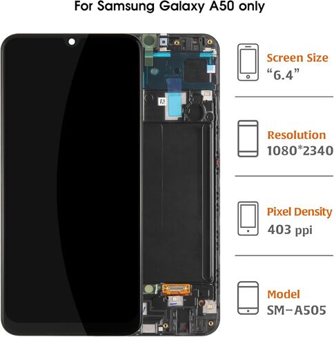 شاشة A50 A505 OLED LCD + إطار لهاتف Samsung Galaxy A50 2019 A505F A505W A505U1 A505G/DS 6.4 بوصة شاشة LCD بديلة لمجموعة رقمنة اللمس (أسود) in Kuwait