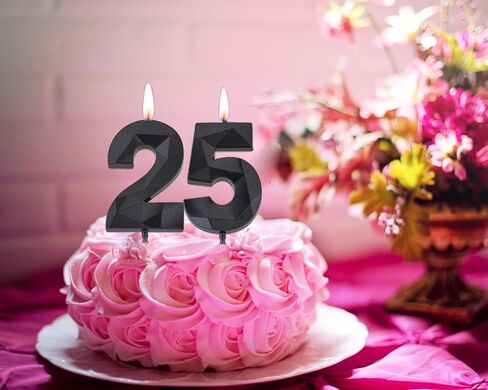 شموع عيد ميلاد سوداء مقاس 2 بوصة و52، شموع ماسية ثلاثية الأبعاد رقم 25 و52 لتزيين الكيك للرجال والنساء وحفلات أعياد الميلاد in Kuwait