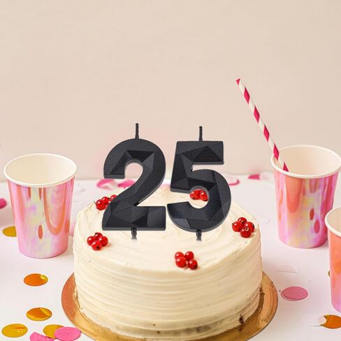 شموع عيد ميلاد سوداء مقاس 2 بوصة و52، شموع ماسية ثلاثية الأبعاد رقم 25 و52 لتزيين الكيك للرجال والنساء وحفلات أعياد الميلاد in Kuwait