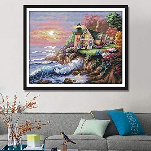 مجموعة غرز متقاطعة من Joy Sunday 11CT مجموعة كاملة من أدوات التطريز المبتدئة للمبتدئين، نمط مطبوع مسبقًا - منارة شاطئ البحر in Kuwait