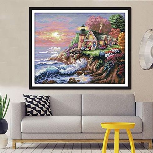 مجموعة غرز متقاطعة من Joy Sunday 11CT مجموعة كاملة من أدوات التطريز المبتدئة للمبتدئين، نمط مطبوع مسبقًا - منارة شاطئ البحر in Kuwait