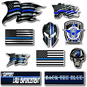 Small Mega Variety Pack of Thin Blue Line Skull Police Officer Blue Lives Matter American Flag Vinyl Decal Sticker Car Truck BLM(10 Pack)