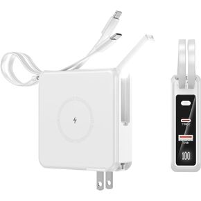 Portable Charger with Built-in Cables&AC Wall Plug, 10000mAh Wireless Charging(No-Magnetic) Power Bank, PD 22.5W Fasting Charging USB C Battery Pack Compatible with iPhone, Android, Samsung