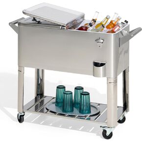 Sunjoy 80 QT Patio Cooler Cart Stainless Steel Rolling Ice Chest with Steel Bottle Opener, Shelf and Lockable Wheels