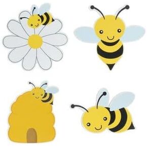 Craft Supply Honey Bee Painted Wood Cutout Shapes 4 Mini Pieces Bumblebee,Honeybee,Beehive,Daisy,Multi,1518851