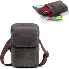 Hengwin Genuine Leather Cell Phone Belt Pouch Fits for iPhone 15 Pro Max 14 Plus Samsung Galaxy A15 A54 A53 S24+ S23 Ultra S22 Ultra Holster Case with Belt Clip Crossbody Purse Messenger Bag (Black)
