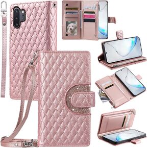 Phone Case for Samsung Galaxy Note 10 Plus Note10+ 5G Wallet Cover with and Crossbody Wrist Strap Shoulder Strap 9+ Card Slots Zipper Purse Stand Note10 + Notes 10+ Ten Not S10 10Plus Pink