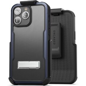 Encased Exos-Armor Designed for iPhone 14 PRO Case with Belt Clip Holster [Ultra Protective] Aluminum Frame and Metal Kickstand (Blue)