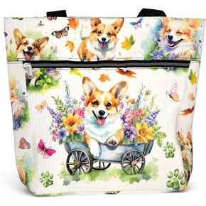 Large Waterproof Tote Bag with Pockets and Zipper for Work for Women. Gift for Corgi Lovers and Owners.