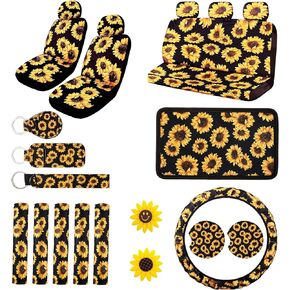 Sunflower Car Accessories Set Aulufft 23pcs Car Sunflower Steering Wheel Cover,Car Seat Covers, Seat Belt Covers,Center Console Armrest Pad,Car Cup Holder Coaster,Keychain, Lanyard,Vent Decor