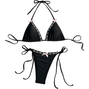 المرأة 2 قطعة Y2K القماش القطني طباعة القوس الجبهة بيكيني الرسن التعادل مجموعة البكيني مثلث مجموعة بحر ملابس السباحة ثوب السباحة أسود كبير in Kuwait