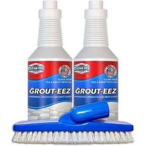Clean-eez Grout Cleaner 2 Pack with Free Stand-Up Brush - Stain Remover Heavy-Duty Scrubber - Bathroom Shower Ceramic Porcelain - Easy Control Flip Top Cap - 32 oz.