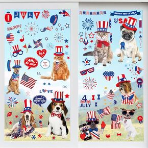 HOWAF 4th of July Window Clings 9 Sheets Cute Dogs Cat Window Decals Patriotic Decorations Window Decals Independence Day Double-Sided Window Stickers USA Flag Stickers for Home School Decor